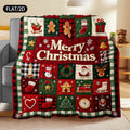 Vintage Country Patchwork Christmas-themed Flannel Blanket, Christmas Tree Snowman Gingerbread for Man Reindeer Gift Pattern, Printed with the Words Merry Christmas, Warm, Soft and Comfortable, Suitable for Bedroom, Living Room