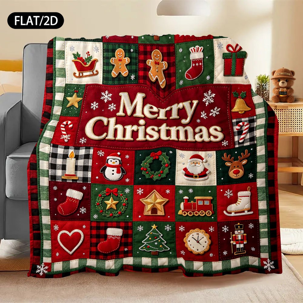 Vintage Country Patchwork Christmas-themed Flannel Blanket, Christmas Tree Snowman Gingerbread for Man Reindeer Gift Pattern, Printed with the Words Merry Christmas, Warm, Soft and Comfortable, Suitable for Bedroom, Living Room