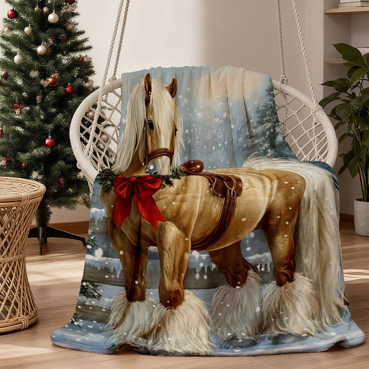 1pc Christmas Reindeer And Red Flower Wreath Theme Flannel Oversized Blanket, Beige Holiday Design, Large Throw Blanket, Winter Decor, Durable Plush, All-Season Use, Suitable for Bedroom Bedding, Weekend Sofa Naps, Living Room Sofa Cover