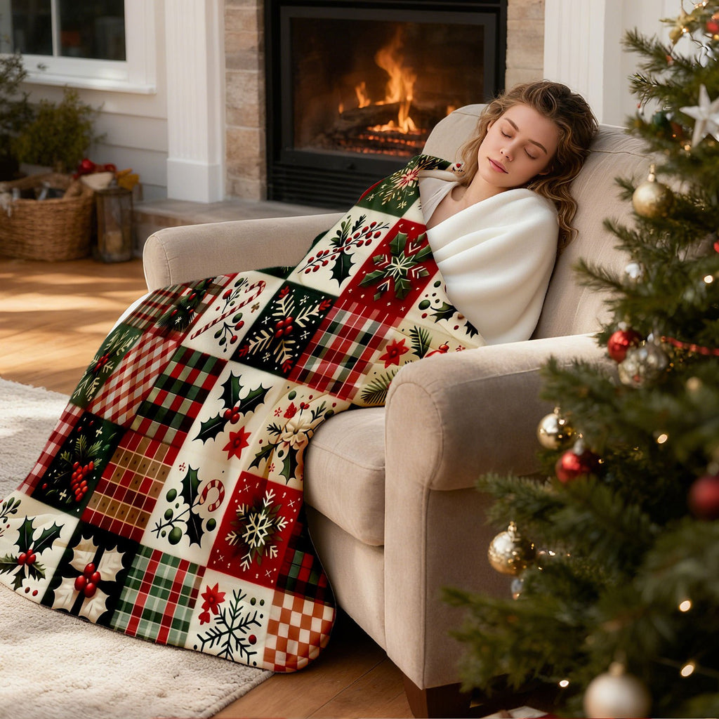 1 Christmas Flannel Blanket, Holly Snowflake Pattern, Printed Flannel Material, Bright Neon Colors with Butterflies and Love Elements, Universal in All Seasons, Blanket, Warm Home Accessories, Suitable for Naps and Christmas Days