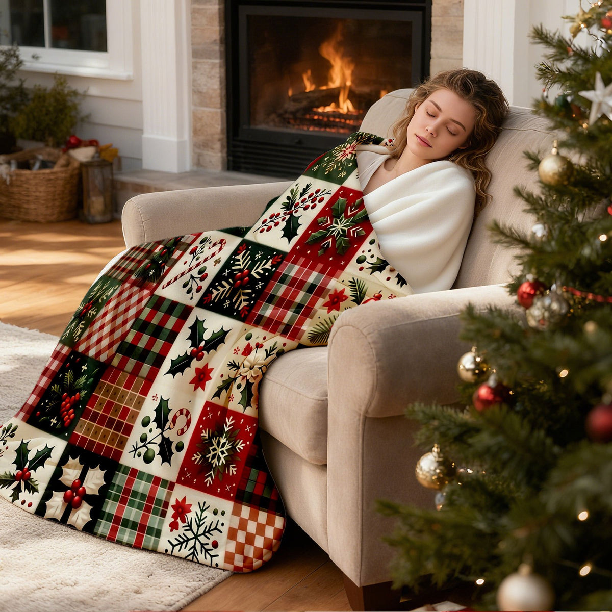1 Christmas Flannel Blanket, Holly Snowflake Pattern, Printed Flannel Material, Bright Neon Colors with Butterflies and Love Elements, Universal in All Seasons, Blanket, Warm Home Accessories, Suitable for Naps and Christmas Days