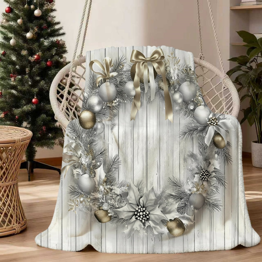 1pc, Christmas Silver Golden Wreath Pattern Flannel Blanket, Soft Comfortable Warm, Silvery White Golden Design, Durable Plush Surface, All-Season Sofa Blanket, Warm Cover, Multiple Sizes Available, Suitable for Living Room Sofa, Bedroom