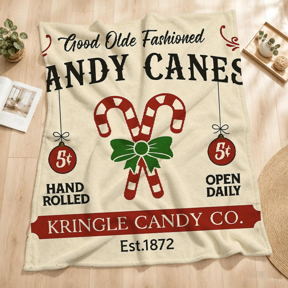 1pc Vintage Christmas Candy Themed Cream Beige Flannel Blanket, Festive Cozy Design, Soft Plush Surface for All Seasons, Suitable for Reading Time, Weekend Sofa Naps, and Seasonal Home Use