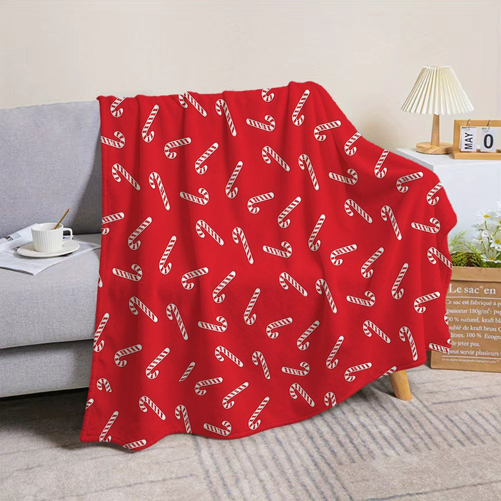 1pc Christmas Candy Cane Pattern Red Flannel Blanket, Soft Comfortable Warm, Festive Design, All-Season Sofa Blanket, Warm Cover, Multiple Sizes Available, Suitable for Living Room Sofa, Bedroom, Casual Reading, Winter Heating, And Holiday Decor