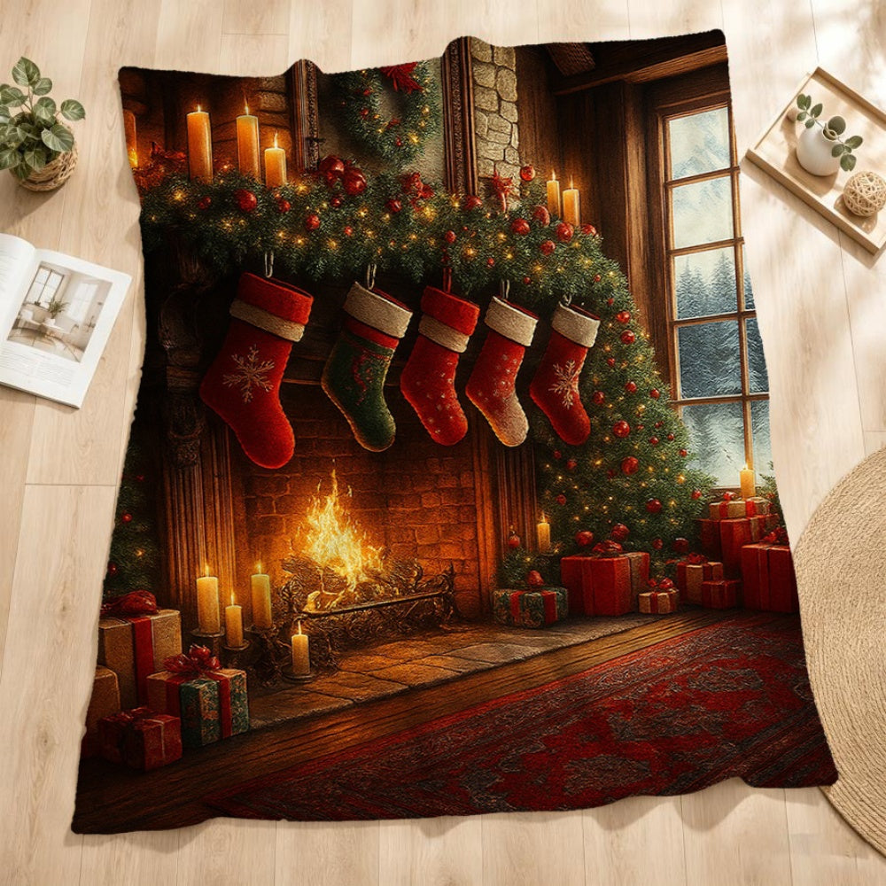 1pc Christmas Fireplace And Stocking Pattern Golden-Toned Flannel Blanket, Festive Warm Design, Soft Plush All-Season Use, Suitable for Living Room Sofa Cover, Reading Time And Weekend Naps