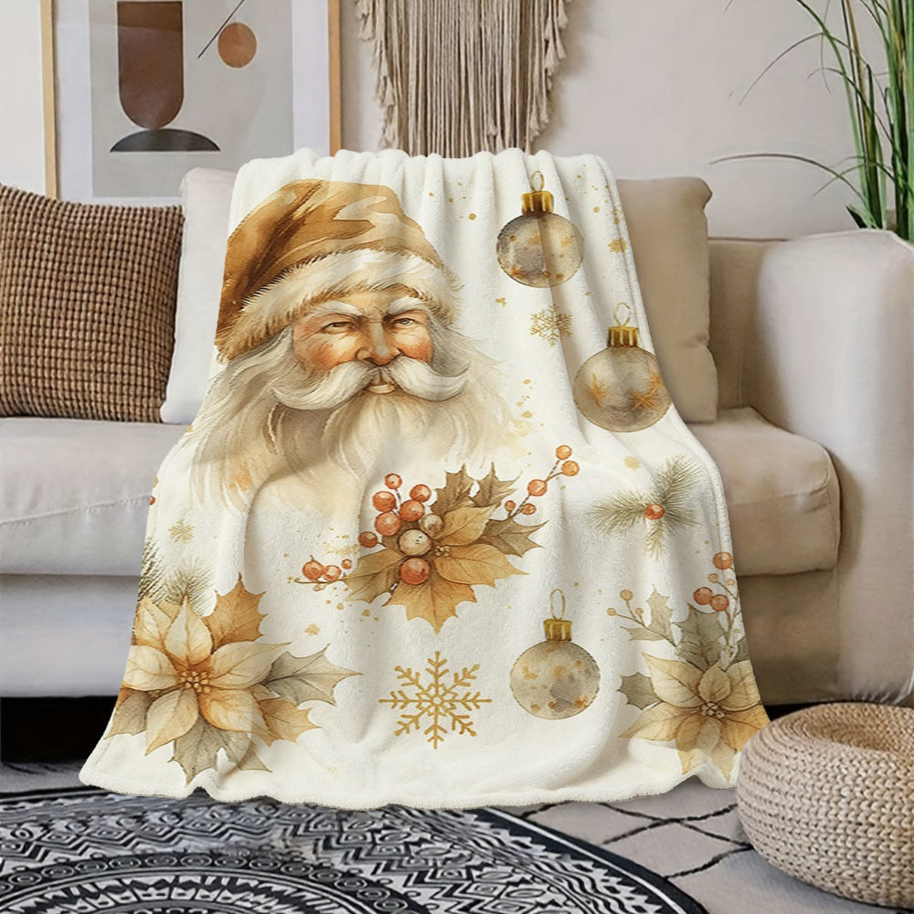 1pc Santa Claus And Red Ball Floral Decor Cream Beige Flannel Blanket, Festive Warm Design, Soft Plush All-Season Use, Suitable for Home Nap, Reading Time, And Weekend Sofa Relaxation
