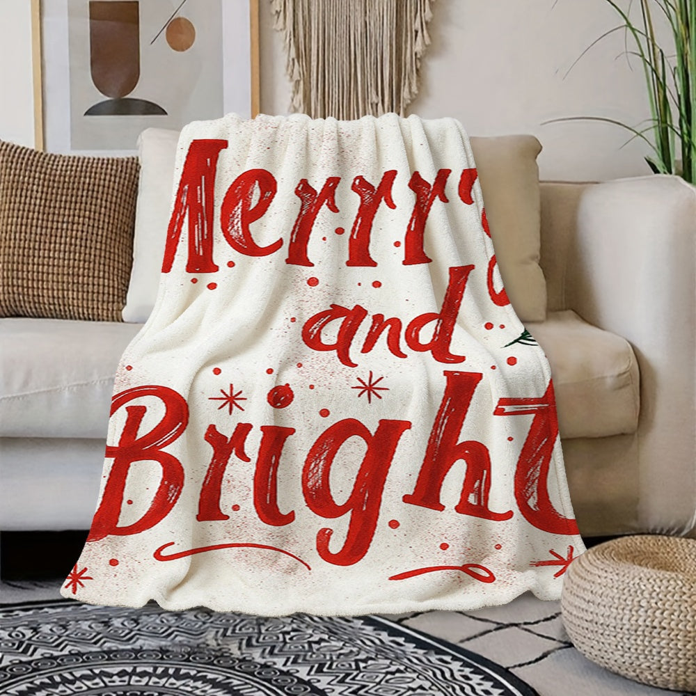 1pc Christmas Red "Merry And Bright" Theme Cream Beige Flannel Blanket, Festive Warm Design, Soft Plush All-Season Use, Suitable for Home Nap, Reading Time, And Dorm Life