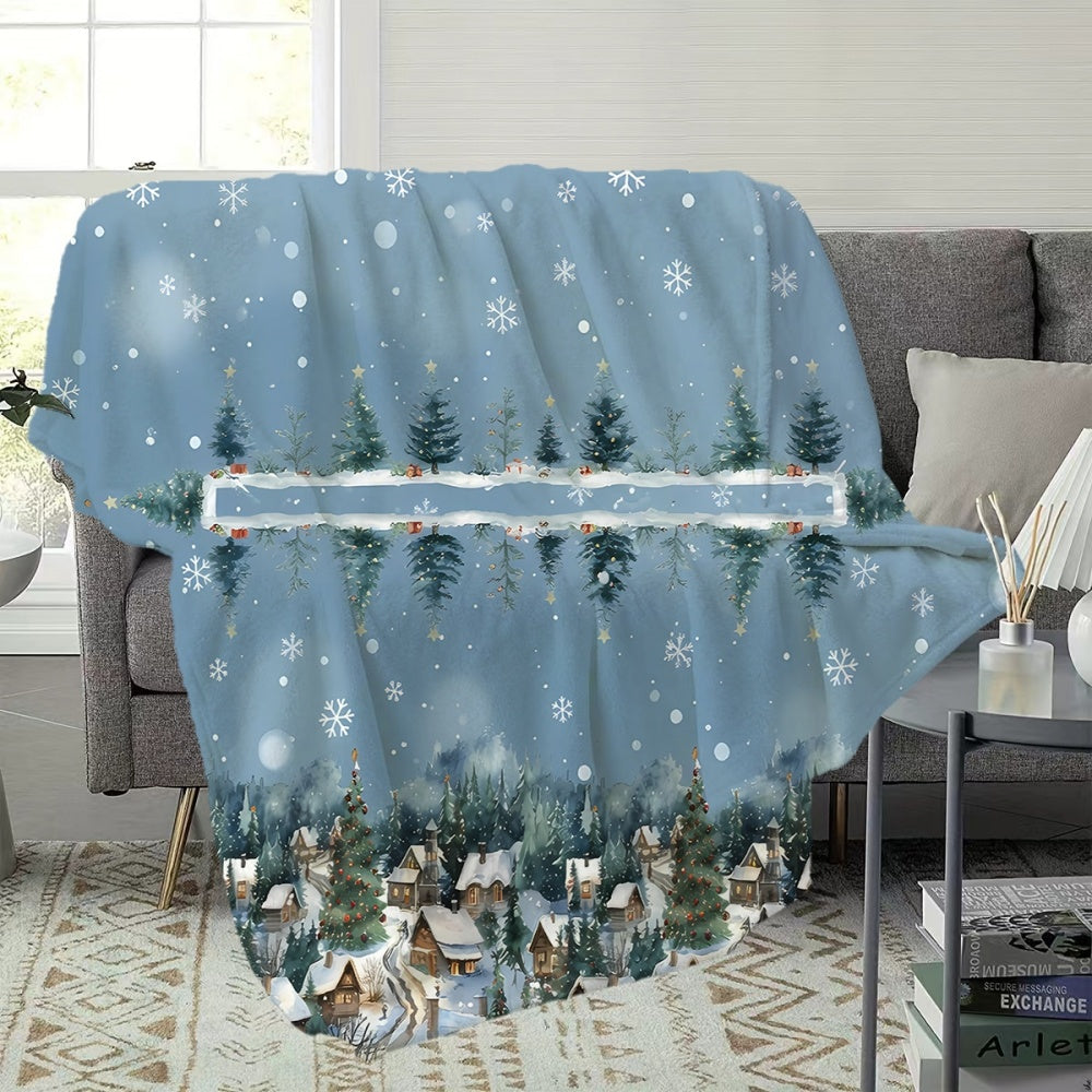 1pc Christmas Snowy Forest and Cabin Pattern Flannel Blanket, Soft, Comfortable, and Warm, Blue Design, Durable Plush Surface, All-Season Universal Sofa Blanket, Warm Throw Blanket, Multiple Sizes Available, Suitable for Living Room Sofas
