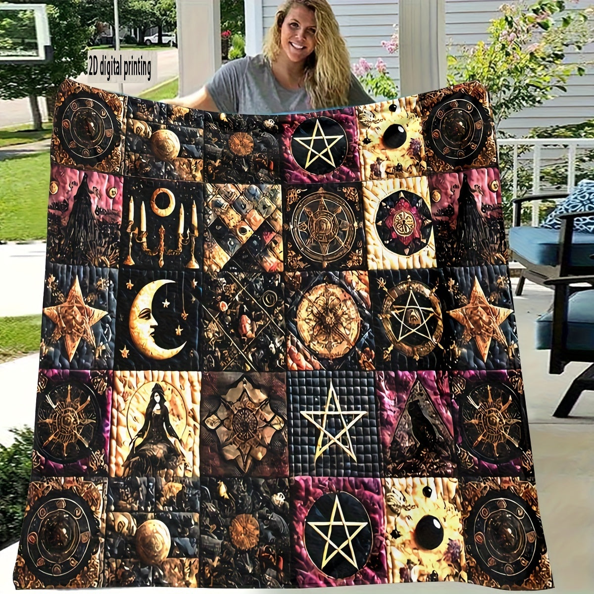 1pc 2D Flat Printing, Mysterious Symbols And Moon Wizard Pattern Blanket, Soft Fleece Blanket, Black Golden Purple Main Color Design, All-Season Warm Throw, Multiple Sizes Available, Suitable for Living Room, Bedroom, Balcony, Courtyard, And Sofa