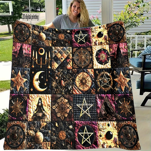 1pc 2D Flat Printing, Mysterious Symbols And Moon Wizard Pattern Blanket, Soft Fleece Blanket, Black Golden Purple Main Color Design, All-Season Warm Throw, Multiple Sizes Available, Suitable for Living Room, Bedroom, Balcony, Courtyard, And Sofa