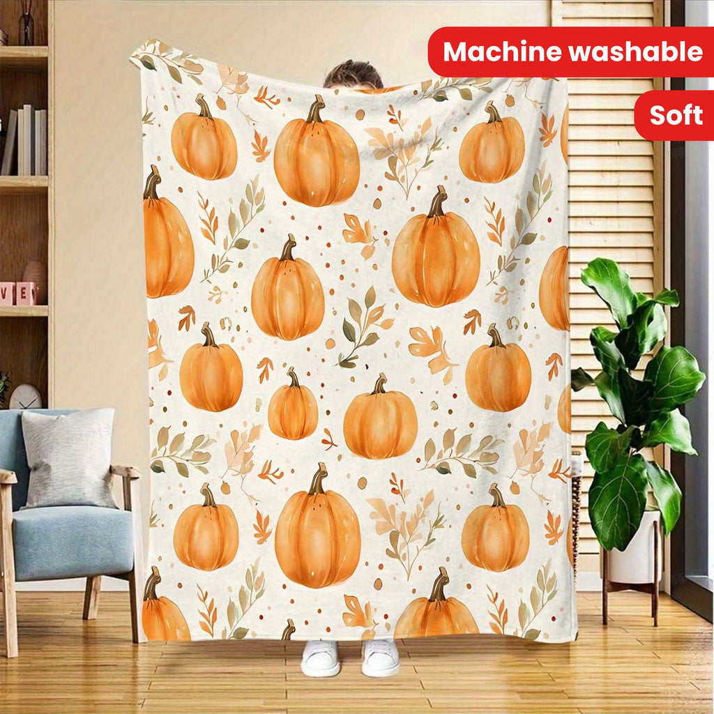 1pc of Pumpkin-patterned Autumn-themed Flannel Blanket, Soft, Comfortable, and Warm, with a Beige and Orange Design, Durable Plush Surface, All-season Universal Bed Throw, Warm Lap Blanket, Available in Multiple Sizes, Suitable for Living Rooms