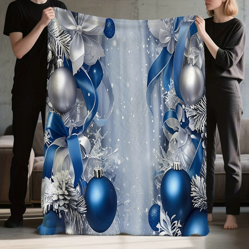1pc 2D Flat Print Blue and Silvery Christmas Ball with Bow Flannel Blanket, Soft Flannel Throw—blue and Silvery Primary Color Design, Multiple Sizes Available, Suitable for Living Room Sofas, Bedroom, Leisure Reading, Holiday Decoration