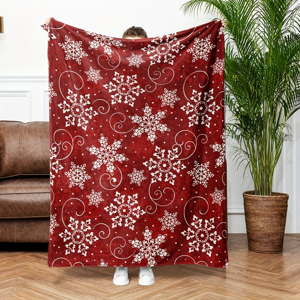 1pc 2D Printed Flannel Snowflake Pattern Blanket, White Snowflake Printed Design â€?Soft, Warm, And Cozy, Lightweight And Durable, Multiple Sizes Available, Perfect for Christmas, Living Room Leisure, Study Reading, Bedroom Sleep