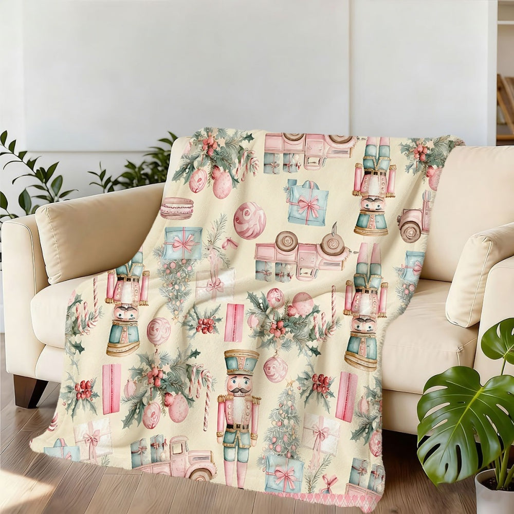 1pc Christmas Nutcracker And Gift Box Pattern Flannel Blanket, Soft Comfortable Warm, Cream And Pink Design, Durable Plush, All-Season Blanket, Warm Cover, Multiple Sizes Available, Suitable for Living Room Sofa, Bedroom, Reading Corner