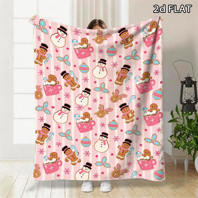 Pink Theme Christmas Pattern Blanket, Comfortable Lunch Break Blanket with Snowman, Gingerbread for Man, Reindeer, Snowflake and Other Holiday Prints, Multi-specification Optional, Suitable for All Family Members, Mothers, Sisters, Fathers,