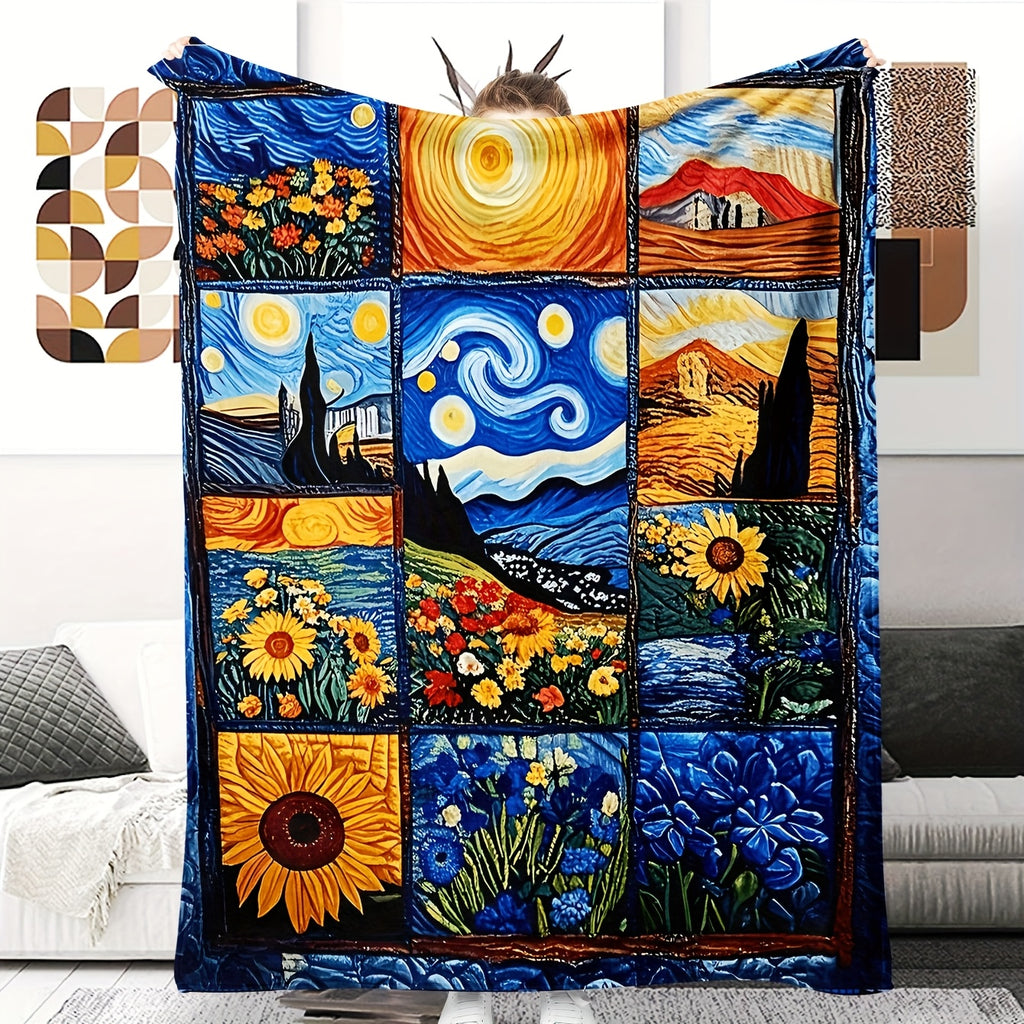 1pc Van Gogh Starry Night Sunflower Print Blanket, Artistic Retro Throw, Ultra-Warm Soft Comfortable Fleece Blanket, Multi-Size Available, Suitable for Living Room Sofa, Bedroom, Office Rest, Outdoor Picnic