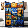 1pc Van Gogh Starry Night Sunflower Print Blanket, Artistic Retro Throw, Ultra-Warm Soft Comfortable Fleece Blanket, Multi-Size Available, Suitable for Living Room Sofa, Bedroom, Office Rest, Outdoor Picnic