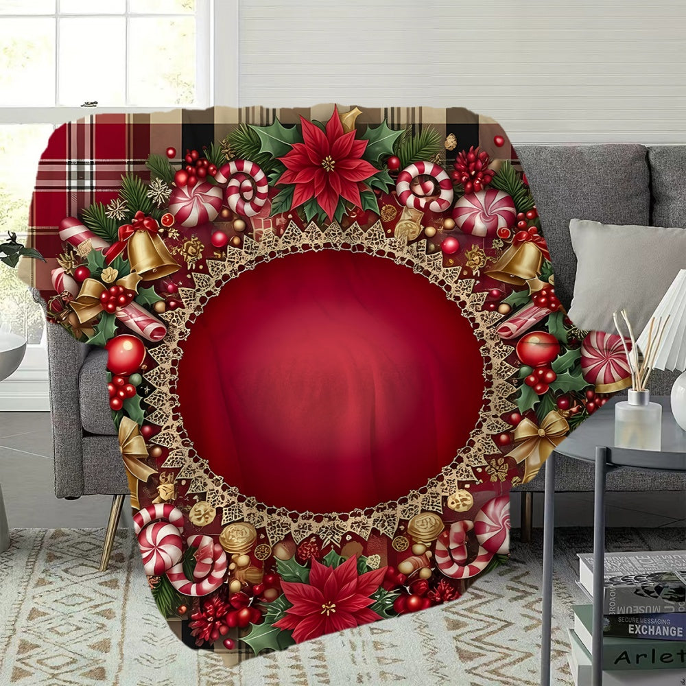 1pc Christmas Wreath Pattern Flannel Blanket, Soft Comfortable Warm, Red And Golden Design, All-Season Sofa Blanket, Warm Cover, Multiple Sizes Available, Suitable for Living Room Sofa, Bedroom, Reading Corner, Holiday Decor, And Leisure Time
