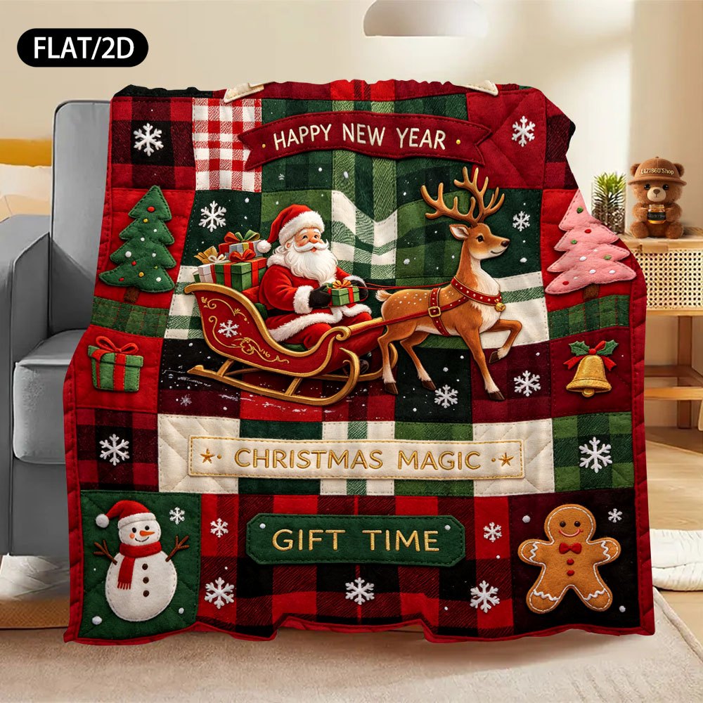 Flat/2D Digital Printing Flannel Blanket, Christmas And New Year Country Style Patchwork Pattern, Printed with Santa Claus, Reindeer Sleigh, Snowman, Gingerbread Man, Christmas Tree, Gift Box Bell Snowflake Elements, Soft