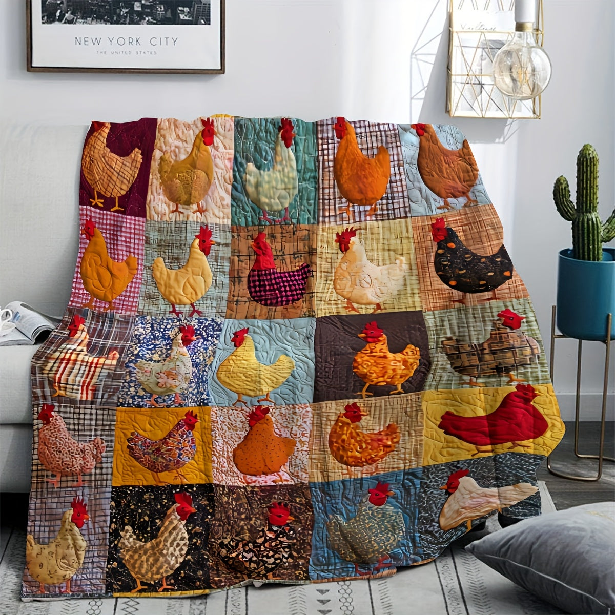1pc Chicken-Pattern Flannel Blanket, Soft, Comfortable, and Warm, Colorful Vintage Design, Durable Plush Surface, All-Season Bed Blanket, Warm Throw Blanket, Multiple Sizes Available, Suitable for Living Room Sofa, Bedroom Bed, Study Reading