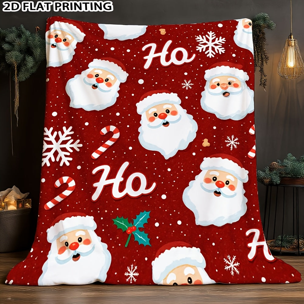 Happy Santa And Snowflake Flannel Blanket - Soft And Warm Christmas Cover for Sofas, Camping, And Travel - Santa And Snowflake Warm Winter Decorative Blanket