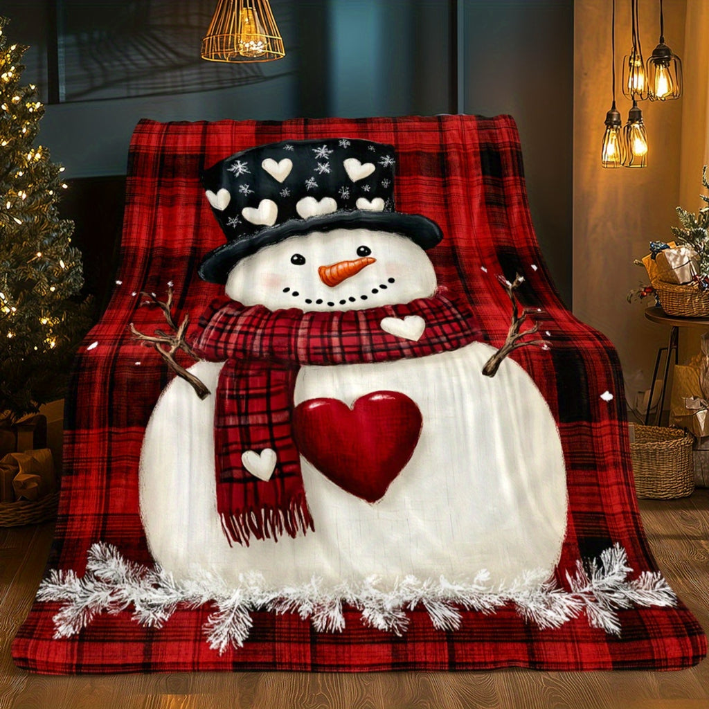1pc Snowman And Red Checkered Christmas Theme Flannel Oversized Blanket, Red Plaid Design, Holiday Home Decor, Reading Time, Home Nap