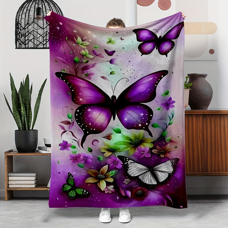 1pc 2D Flat Printing Purple Butterfly Floral Blanket, Soft Fleece Blanket - Dreamy Starry Design, Multi-Size Available, Suitable for Living Room, Bedroom, Sofa, And Casual Reading