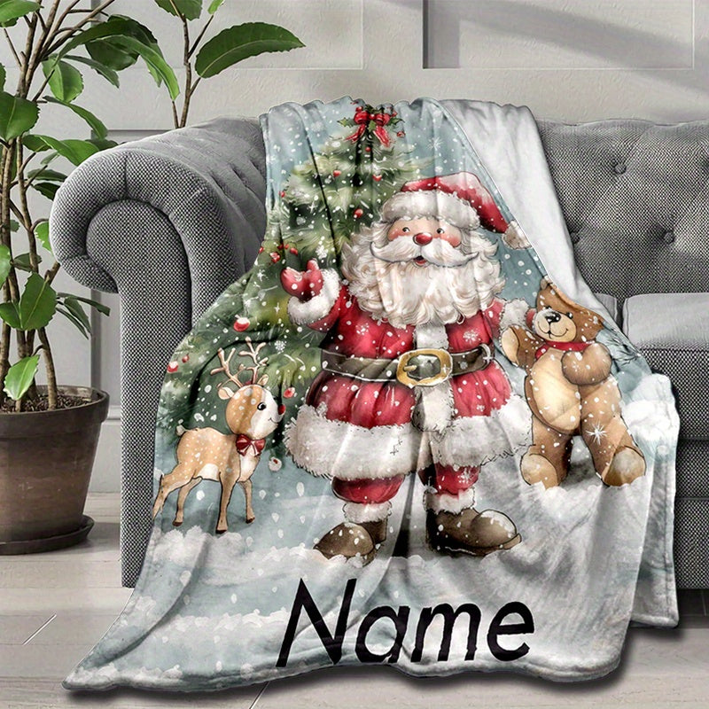 1pc of Large Flannel Blanket with a Light Blue Santa Claus and Reindeer Bear Pattern, a Cozy Holiday Decoration, Suitable for Reading Time, Home Naps, and Festive Home Decor