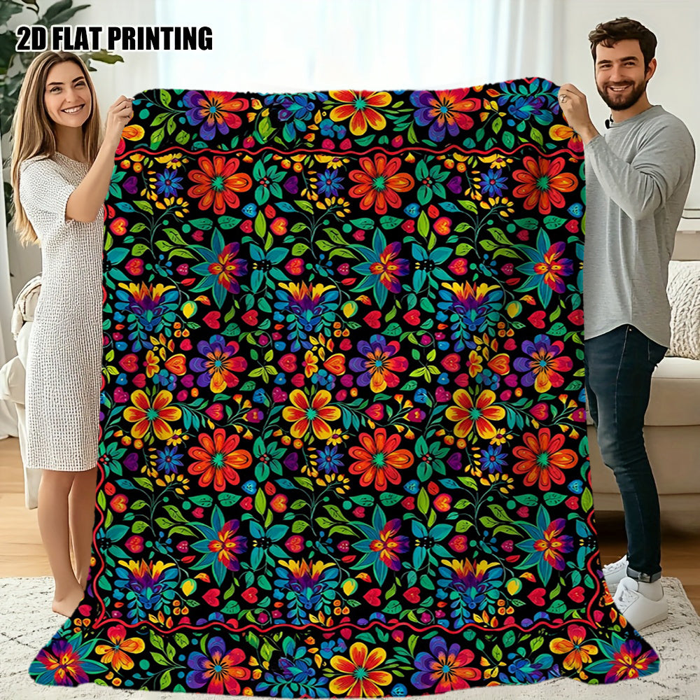 1pc Colorful Floral Patterned Blanket, Ethnic Style Design, Soft Plush Surface, Flannel Material Lightweight And Durable, Multiple Sizes Available, Ideal for Holiday Gatherings, Living Room Leisure, Bedroom Warmth, Study Reading, Seasonal Home Decor