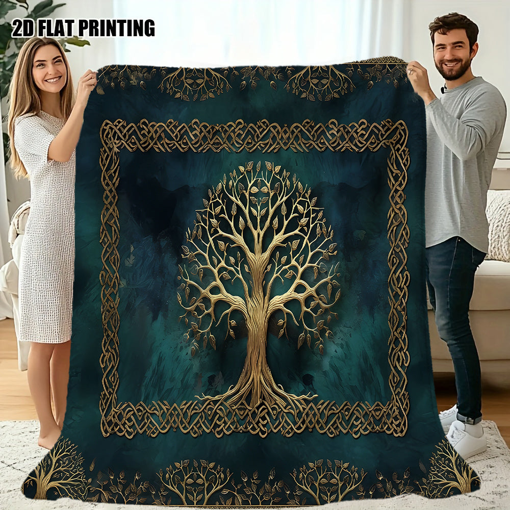 1pc Golden Tree Pattern Blanket, Retro Style Design, Soft Plush Surface, Flannel Material Lightweight And Durable, Multiple Sizes Available, Ideal for Holiday Gatherings, Living Room Leisure, Bedroom Warmth, Study Reading, Seasonal Home Decor