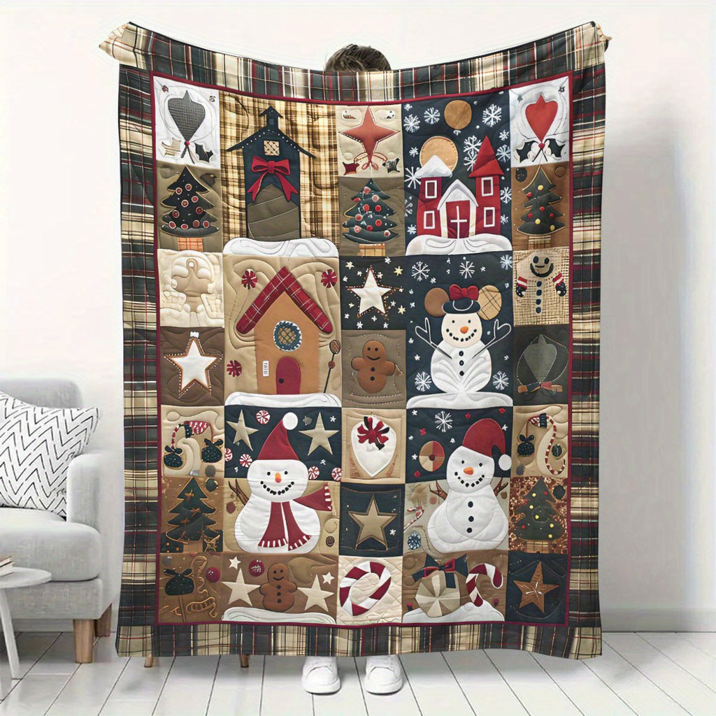 1pc Comfortable Patchwork Snowman Print Blanket, Suitable for Bedroom, Office, Living Room, Camping, Multi-functional Use