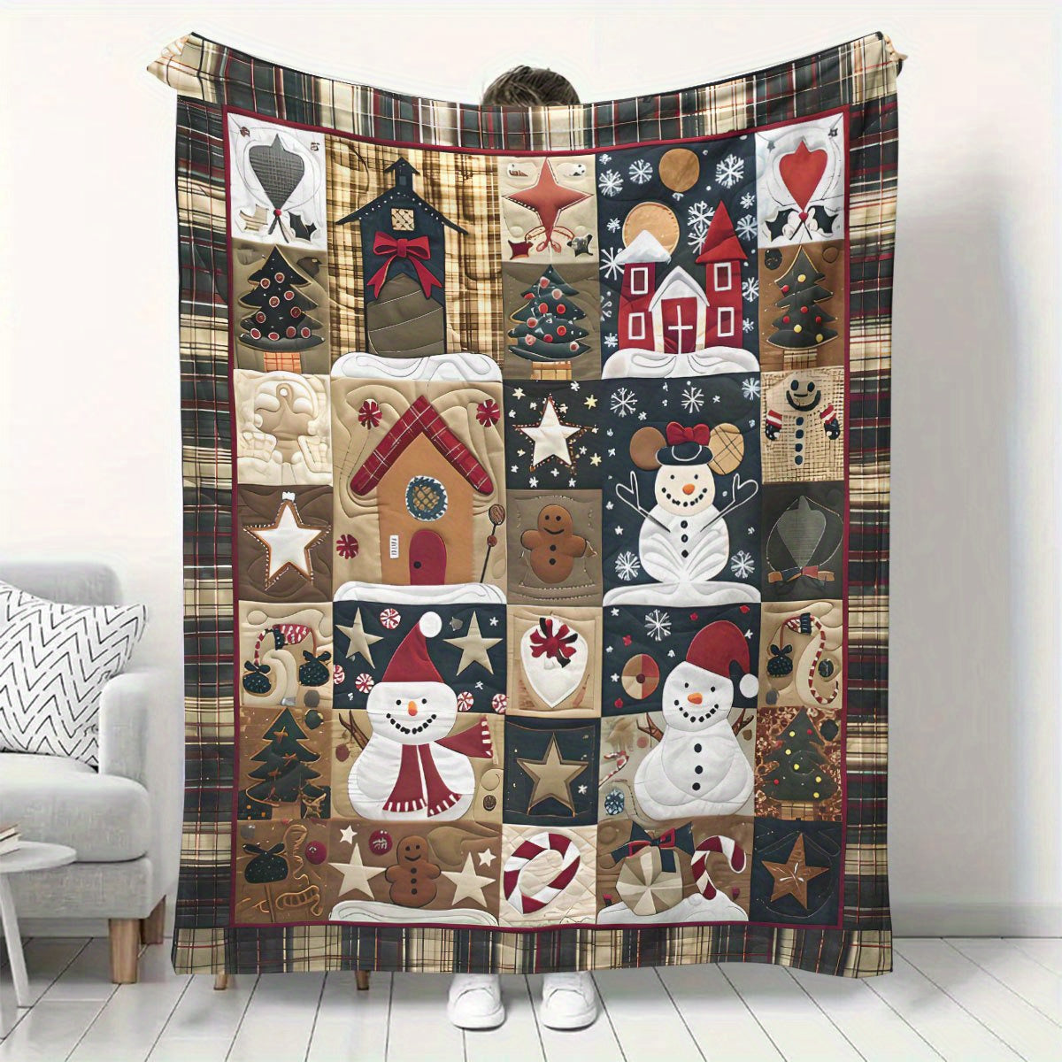 1pc Comfortable Patchwork Snowman Print Blanket, Suitable for Bedroom, Office, Living Room, Camping, Multi-functional Use