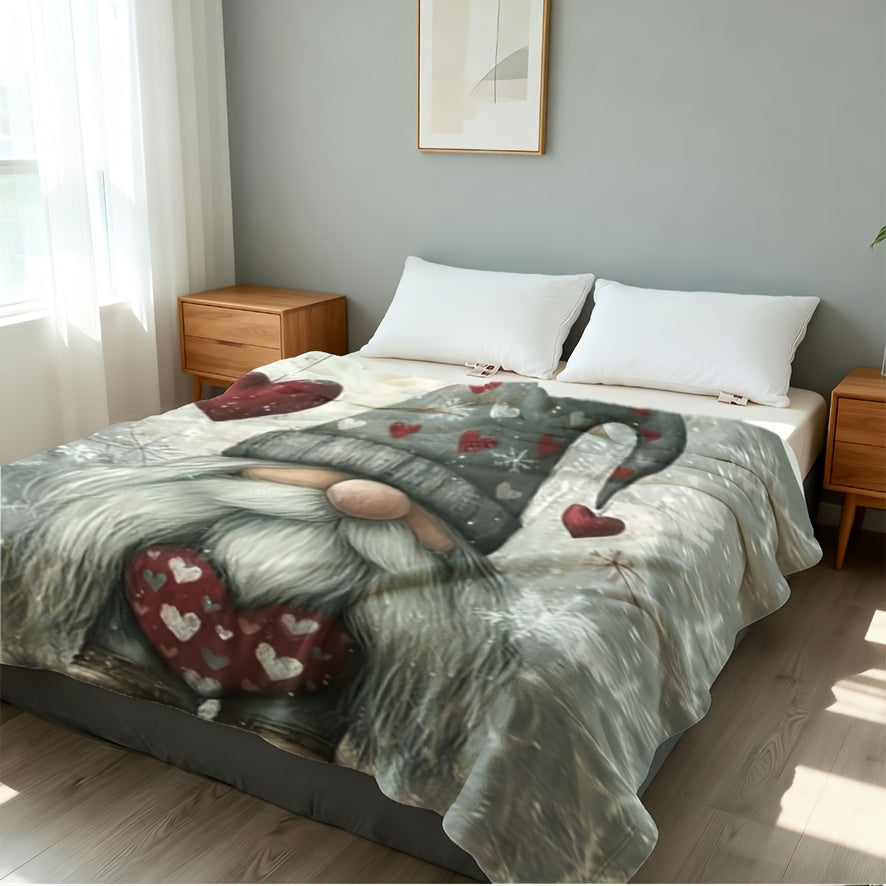 1pc Charming Christmas Gnome Flannel Blanket - Fantasy Theme with Playful Gnomes, Hearts, and Snowflake Patterns, All-season Machine-washable Polyester Fiber, Multi-purpose for Home Decor, Camping, Travel, Office - Mixed Colors, Travel Blanket |