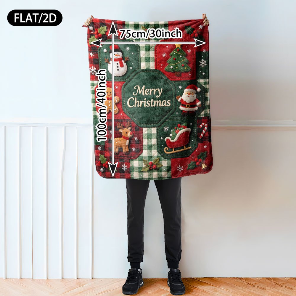 Flat/2D Digital Printing Flannel Blanket Blanket, American Country Style Octagonal Plaid Christmas Snowman Gingerbread for Man Santa Claus Elk Christmas Tree Bell Sleigh Pattern, Soft, Comfortable and Warm Skin-friendly