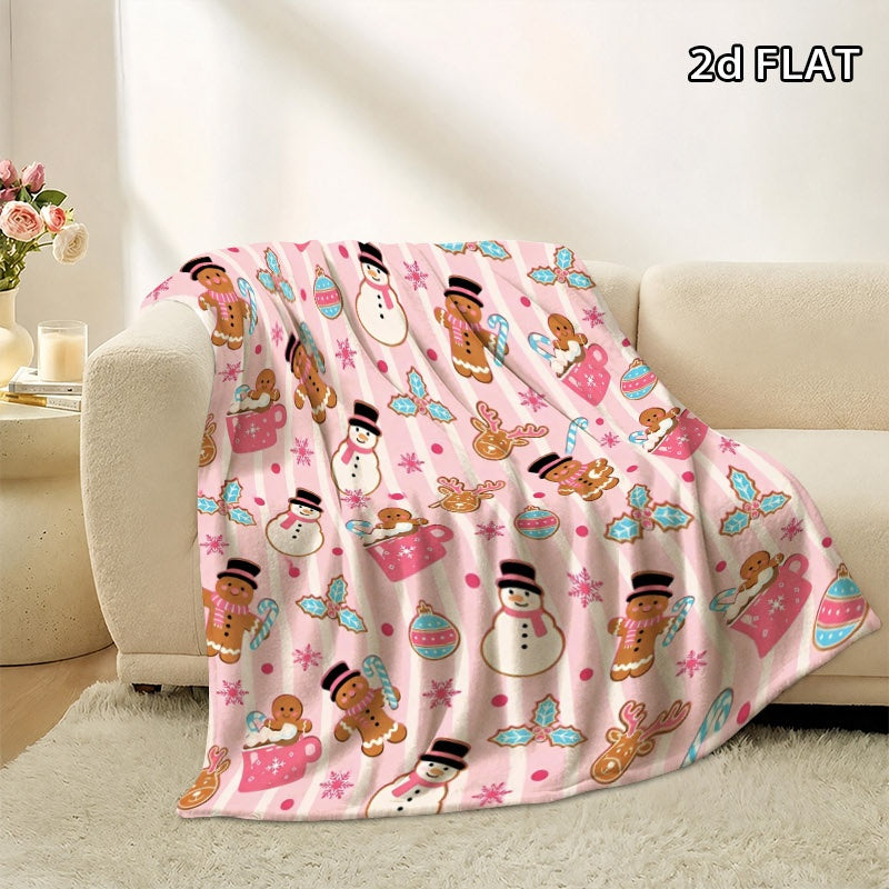 Pink Theme Christmas Pattern Blanket, Comfortable Lunch Break Blanket with Snowman, Gingerbread for Man, Reindeer, Snowflake and Other Holiday Prints, Multi-specification Optional, Suitable for All Family Members, Mothers, Sisters, Fathers,