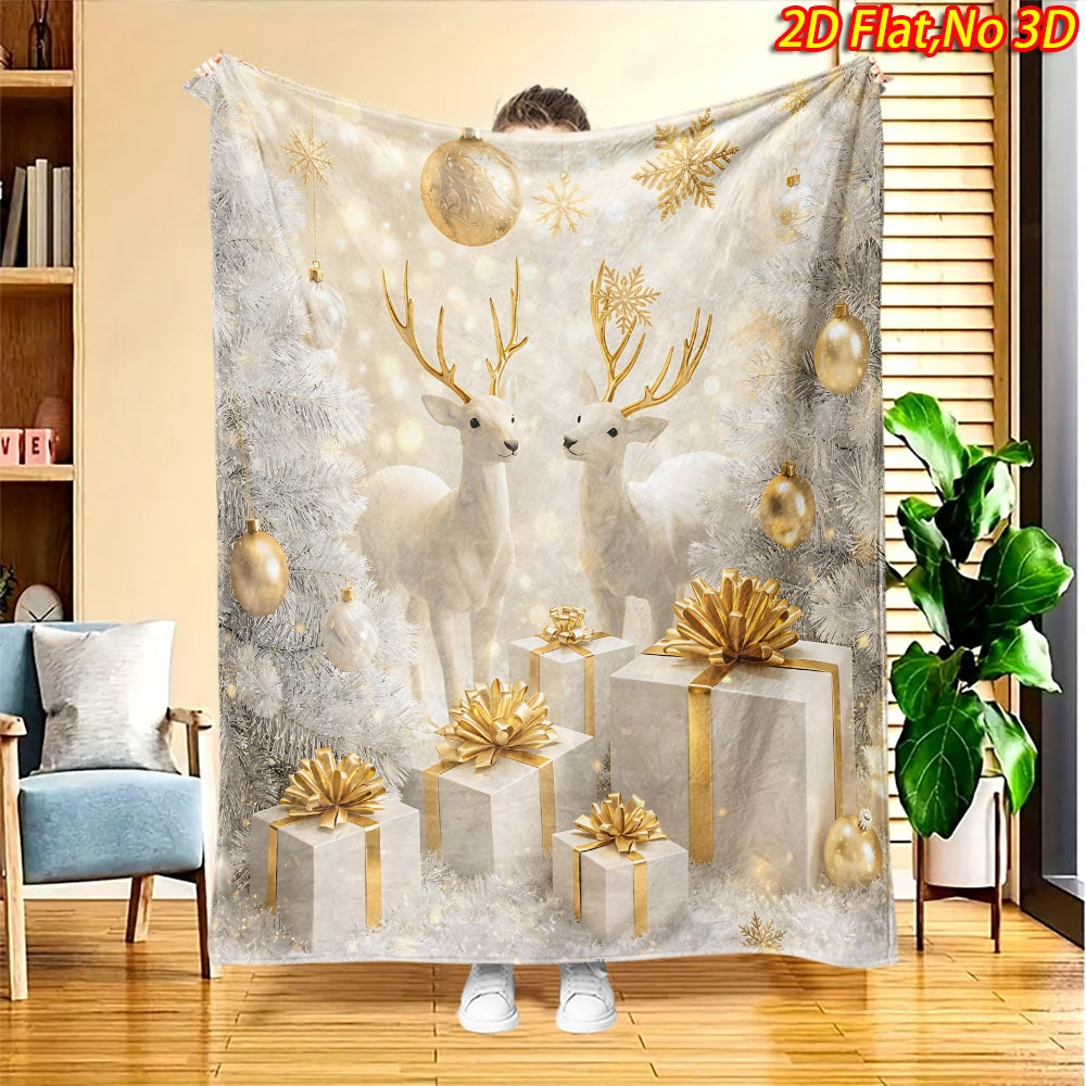 2D Flat Printing, 1pc Flannel Christmas Reindeer Print Blanket with Golden Gift Box and Snowflake Design—Soft, Warm, and Cozy, Lightweight and Durable, Multiple Sizes Available, Perfect for Christmas, Living Room Decor, Bedroom Warmth