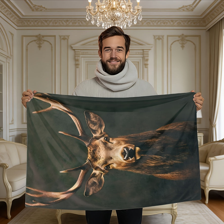 1pc, Elk Head Pattern Flannel Blanket, Soft, Comfortable, and Warm, Dark Green Vintage Design, Durable Plush Surface, All-Season Bed Blanket, Warm Throw Blanket, Multiple Sizes Available, Suitable for Bedroom, Living Room, Sofa, Reading Area