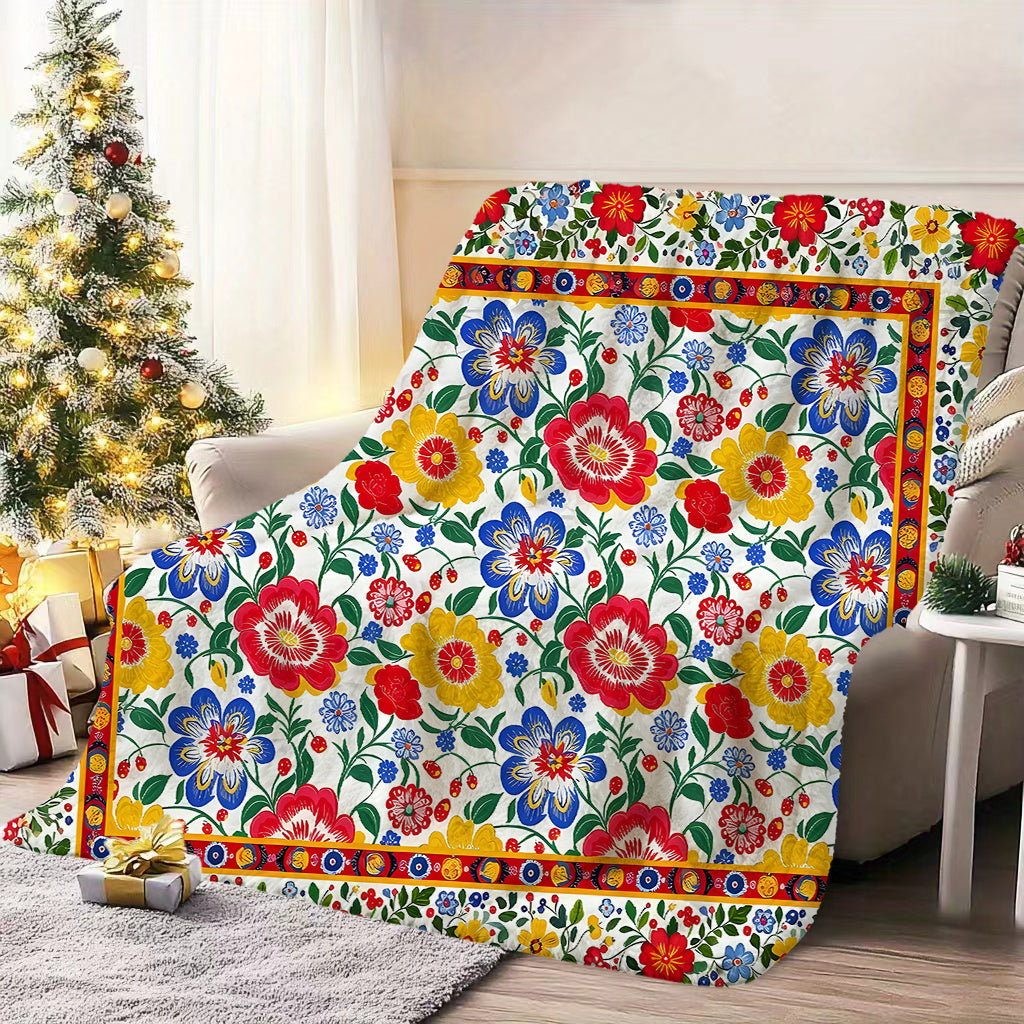 1pc Ethnic Style Floral Patterned Blanket, Retro Design, Soft Plush Surface, Flannel Material Lightweight And Durable, Multiple Sizes Available, Ideal for Holiday Gatherings, Living Room Leisure, Bedroom Warmth, Study Reading, Seasonal Home Decor