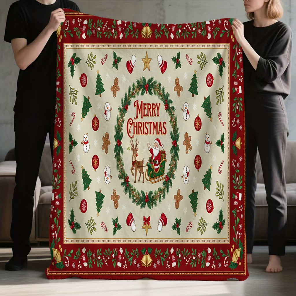 1pc, Santa Claus and Reindeer Wreath Pattern, Red and Beige Christmas Themed Flannel Blanket, Soft, Comfortable, and Warm, Classic Holiday Design, Durable Plush Surface, All-Season Universal Sofa Blanket, Warm Throw Blanket, Multiple Sizes Available