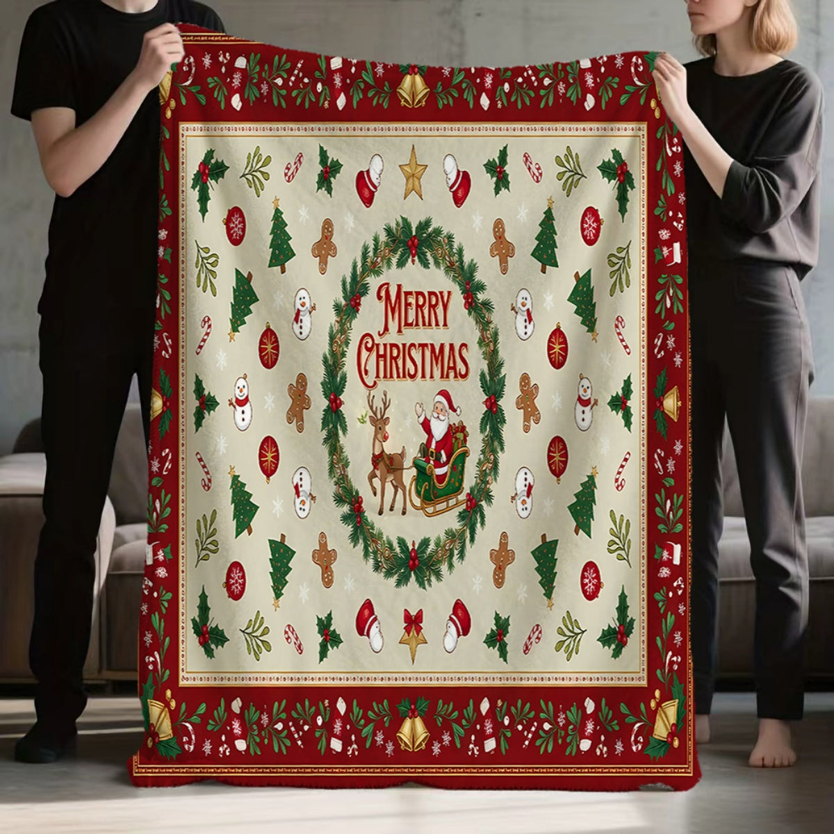 1pc, Santa Claus and Reindeer Wreath Pattern, Red and Beige Christmas Themed Flannel Blanket, Soft, Comfortable, and Warm, Classic Holiday Design, Durable Plush Surface, All-Season Universal Sofa Blanket, Warm Throw Blanket, Multiple Sizes Available