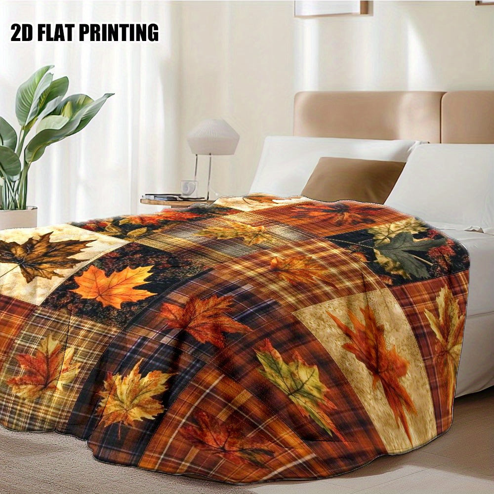 1pc Autumn Maple Leaf and Plaid Patchwork Flannel Blanket, Soft, Comfortable, and Warm, Orange-Yellow-Brown Plaid Design, Durable Plush Surface, All-Season Universal Bed Blanket, Warm Throw Blanket, Multiple Sizes Available, Suitable for Living Room