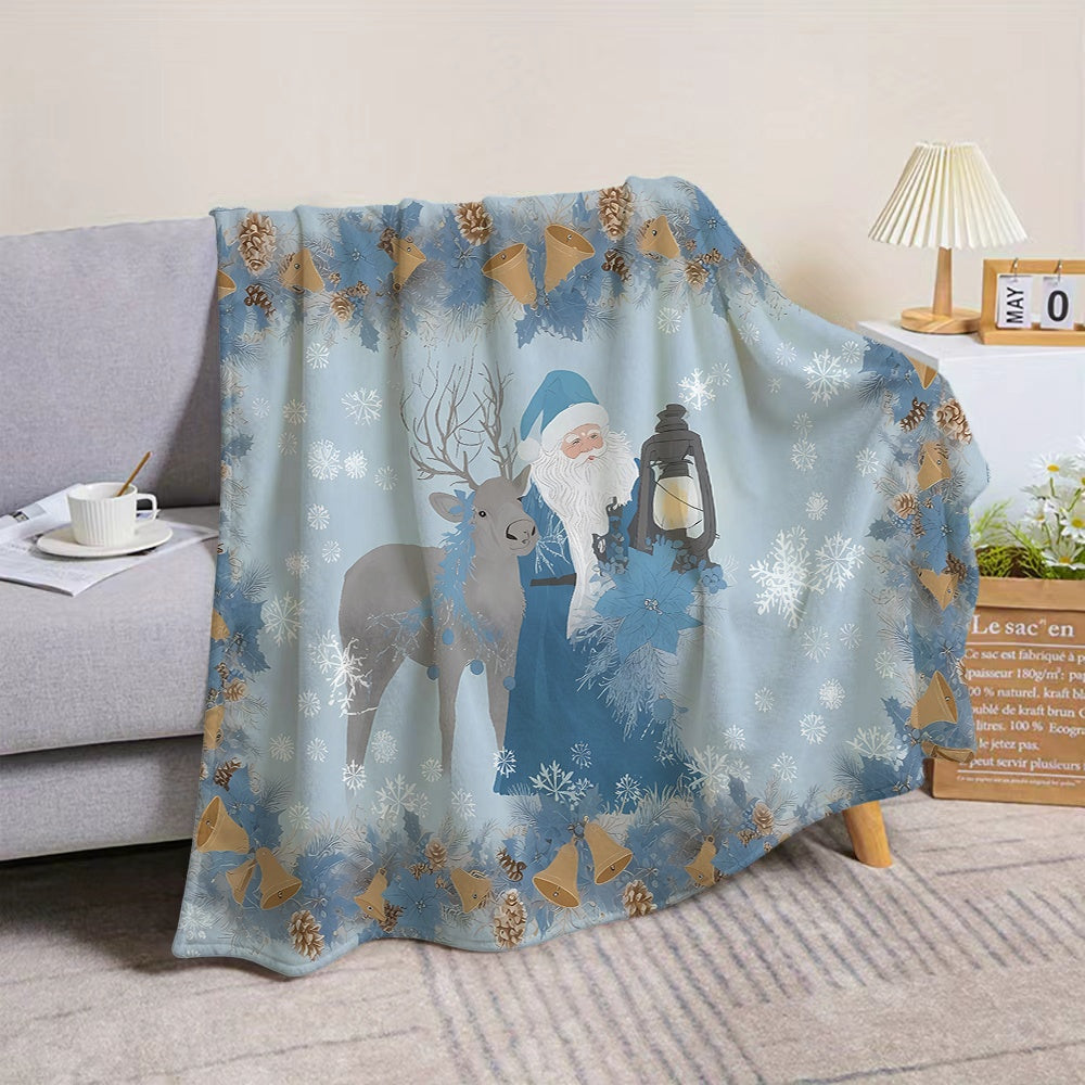 1pc Santa And Reindeer Pattern Blue Flannel Blanket, Soft Comfortable Warm, Blue And White Snowflake Design, All-Season Blanket, Warm Cover, Multiple Sizes Available, Suitable for Living Room Sofa, Bedroom, Casual Reading, Holiday Decor