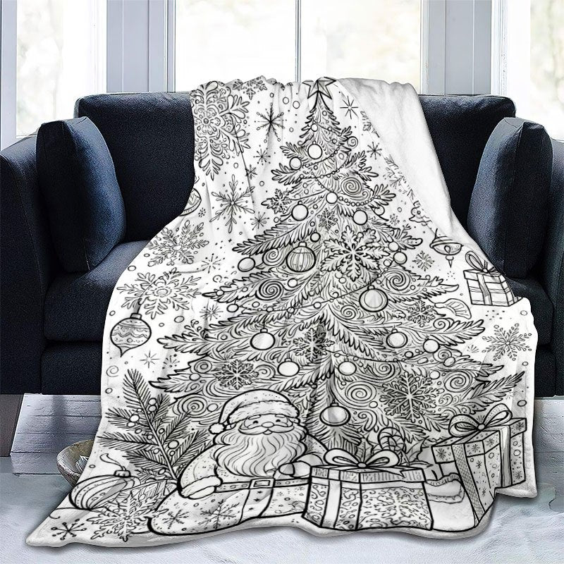1pc of Large Flannel Blanket with a Black and White Line Art Pattern of Santa Claus and a Christmas Tree, Featuring a Simple Design. Suitable for Use as a Sofa Throw in the Living Room, for Naps at Home, or in Dorm Life