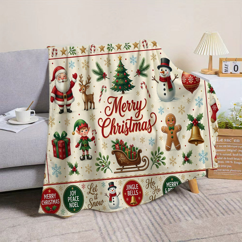 1pc, Santa Claus and Snowman Pattern Christmas Themed Flannel Blanket, Soft, Comfortable, and Warm, Base with Holiday Design, Durable Plush Surface, All-Season Universal Sofa Blanket, Warm Cover Blanket, Multiple Sizes Available, Suitable for Living