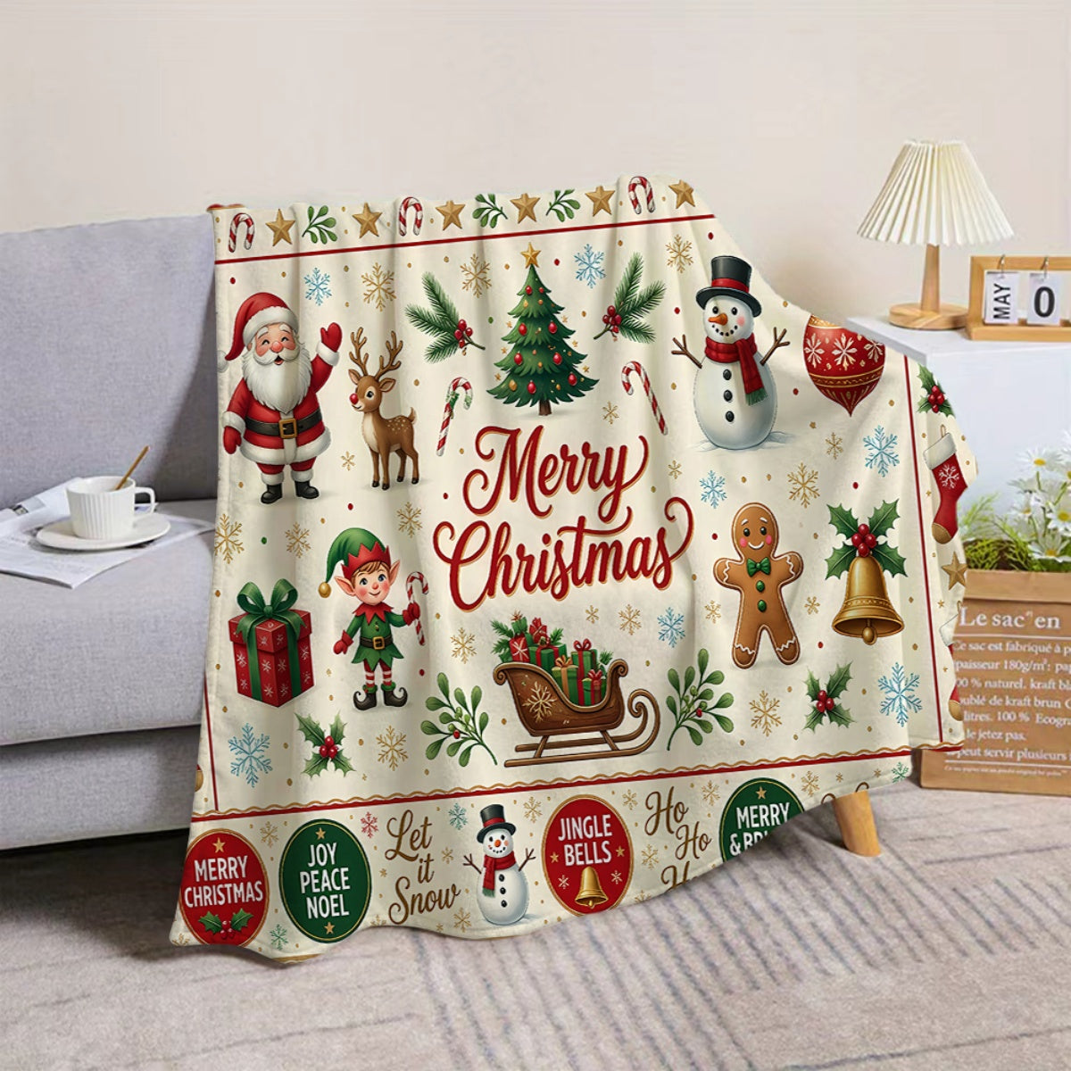 1pc, Santa Claus and Snowman Pattern Christmas Themed Flannel Blanket, Soft, Comfortable, and Warm, Base with Holiday Design, Durable Plush Surface, All-Season Universal Sofa Blanket, Warm Cover Blanket, Multiple Sizes Available, Suitable for Living
