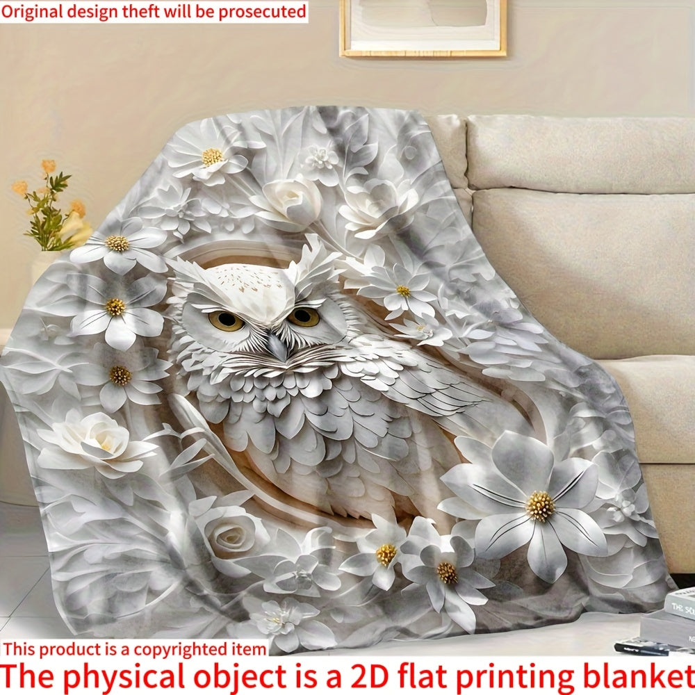 1pc White Owl Floral Print Blanket, Elegant Retro Throw, Ultra-Warm Soft Comfortable Fleece Blanket, Multi-Size Available, Suitable for Living Room, Bedroom, Study, Balcony