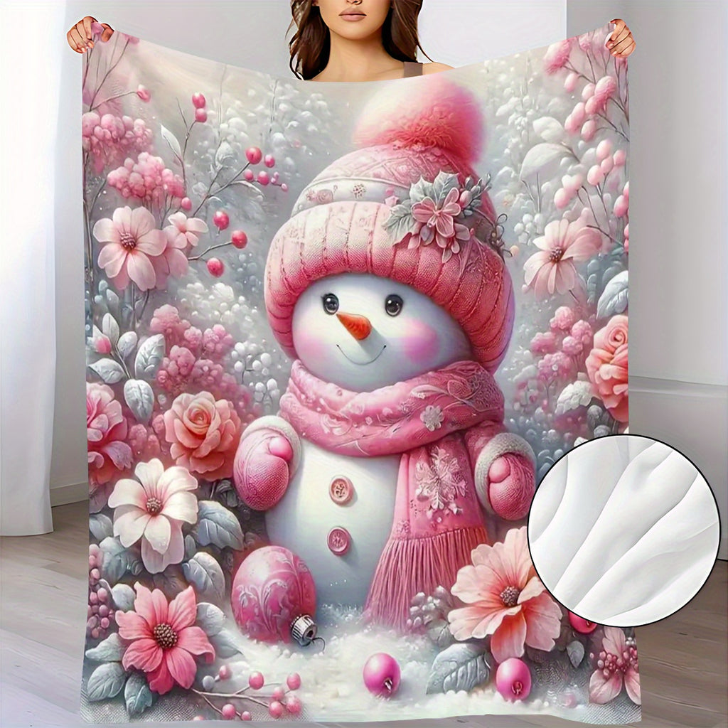 Christmas Pink Snowman Pattern Flannel Blanket, Soft and Warm Lunch Break Blanket, Suitable for Sofa, Travel, Camping, Living Room, Office, Chair, Available in All Seasons, Hot Printed Flannel Blanket, Multi-purpose Blanket