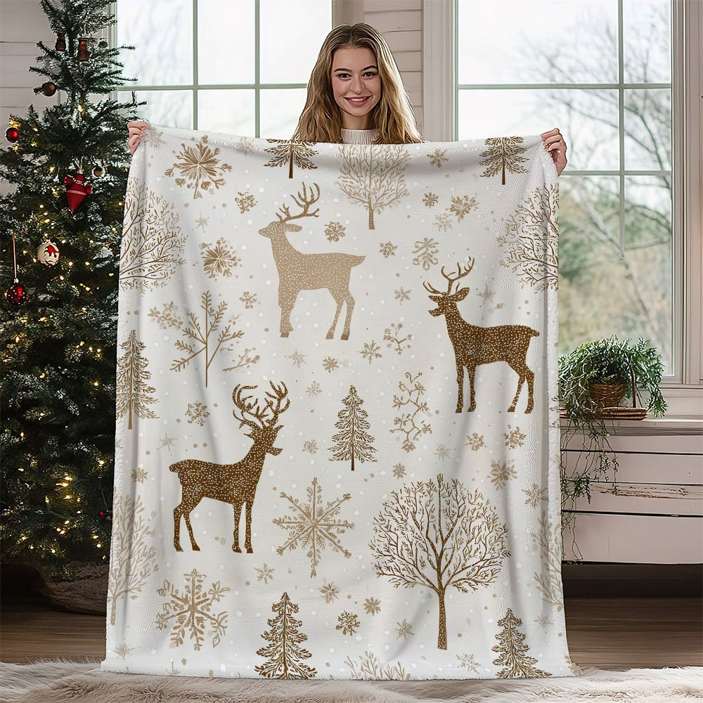 1pc Golden Reindeer Snowflake Patterned Blanket, Christmas Holiday Decor Design, Soft Plush, Flannel Material Lightweight And Durable, Multiple Sizes Available, Ideal for Christmas Decoration, Living Room Leisure, Bedroom Warmth, Study Reading