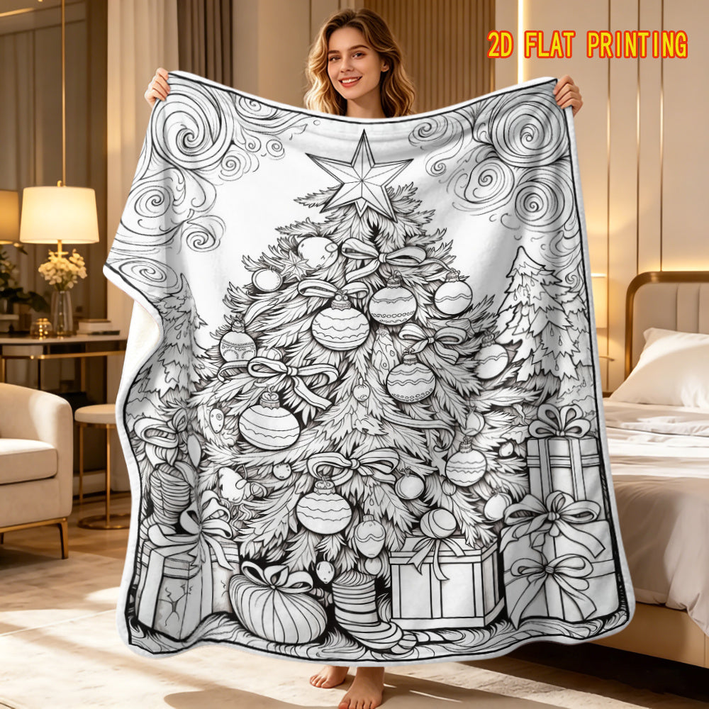 A Color-Filled And Decompressed Hand-Painted Wind Blanket - Christmas Tree Gift Flannel Blanket, The Christmas Tree Covered with Colored Ball Bows Is in The Center of The Picture, Gift Boxes And Christmas Socks Are Placed Under The Tree