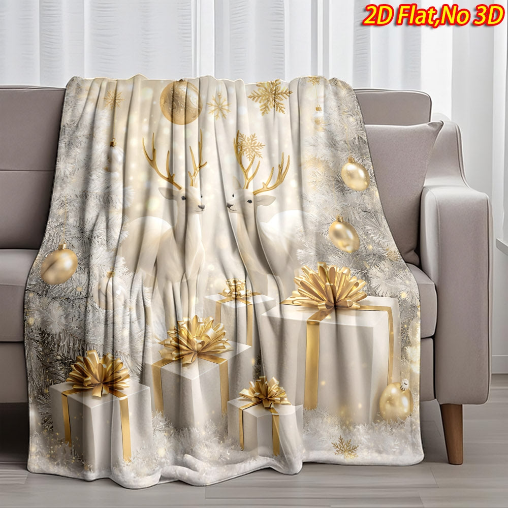 2D Flat Printing, 1pc Flannel Christmas Reindeer Print Blanket with Golden Gift Box and Snowflake Design—Soft, Warm, and Cozy, Lightweight and Durable, Multiple Sizes Available, Perfect for Christmas, Living Room Decor, Bedroom Warmth